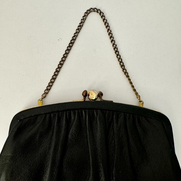 Liebermanns Lansing Michigan Black Leather Evening Clutch Dainty Gray Gold Chain - Picture 2 of 10